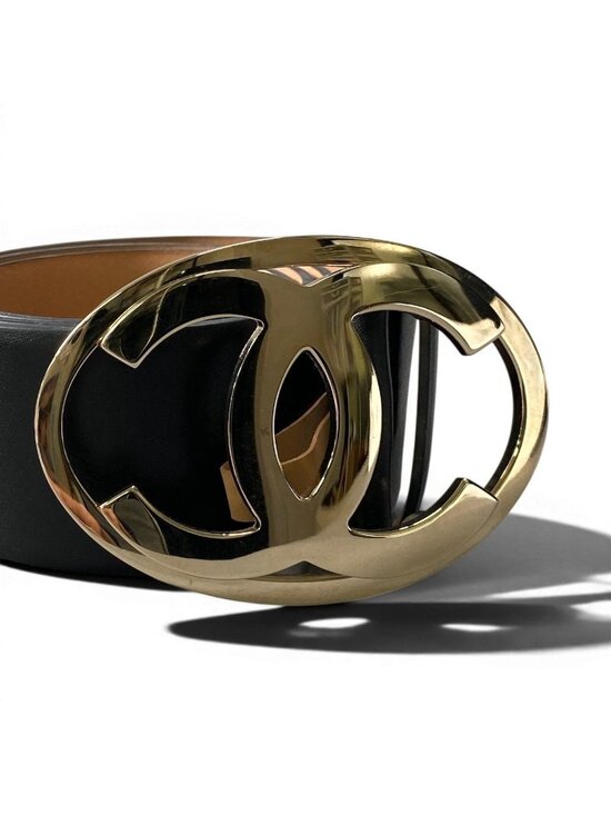 Chanel CC Logo Big Buckle Leather Belt 34 85 Black Gold main image 5